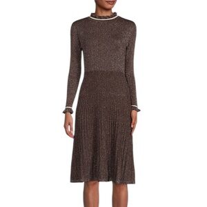 Nanette Lepore Chocolate Brown Metallic Long Sleeve Knit Midi Sweater Dress S